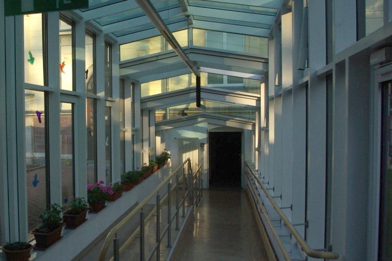 Der Verbindungsgang zwischen der historischen Villa und dem neuen Schulgebäude. Der Gang ist aus Glas gehalten und in der Mitte ist ein Geländer. Auf der linken Seite des Geländers befindet sich eine kleine Treppe, auf der rechten Seite ist eine langgezogene Rampe. An den Fenstern an der Seite des Gangs stehen Blumenkästen, in welchen u.a. pinke Geranien blühen.