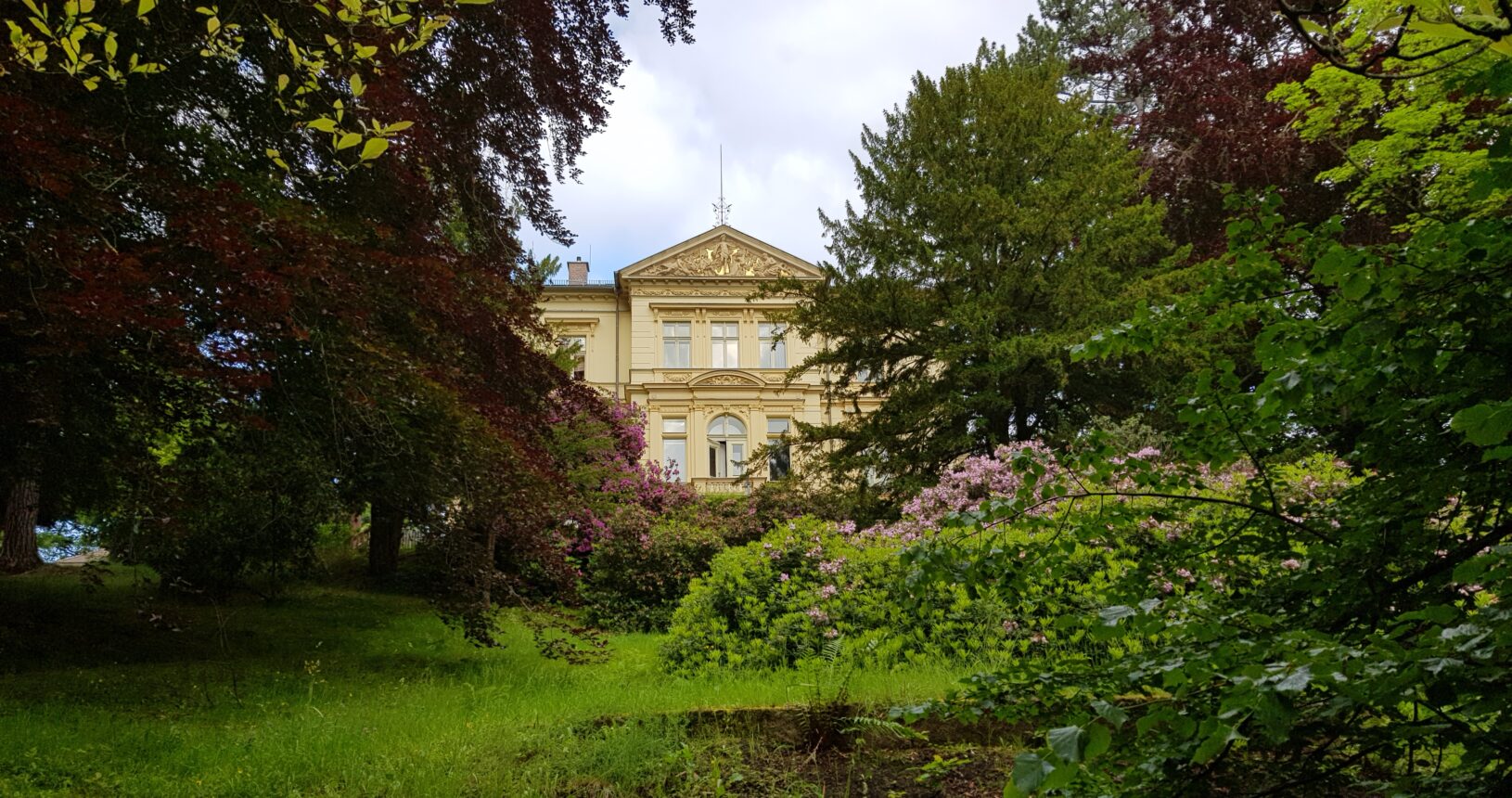 Der Blick auf die Villa vom Park aus. Die Villa selbst liegt etwas versteckt hinter großen Rhododendrensträuchern, wodurch man nur den Hauptteil der Villa und das prächtig gestaltete Vordach im Jugendstil sehen kann. An dem Vordach kann man Stuckelemente erkennen.